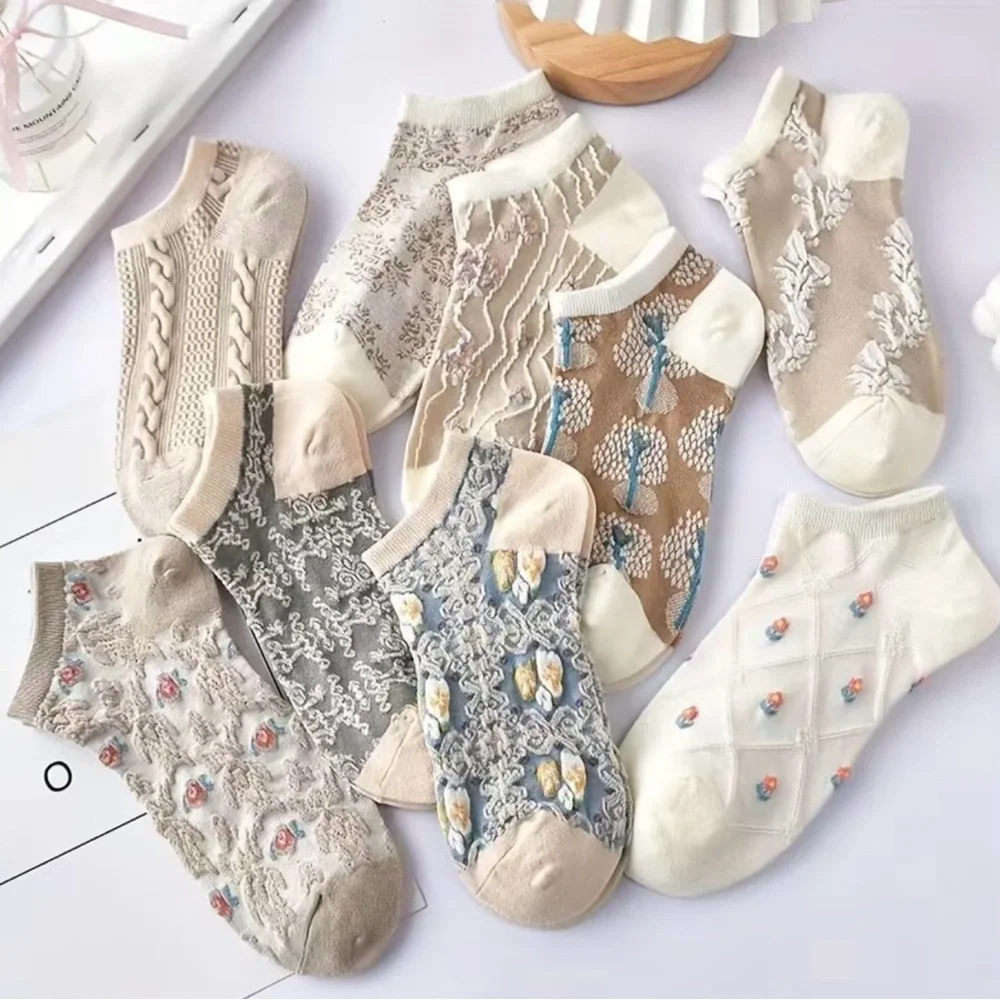 New  9 Pairs of Women'S Summer Embroidered Flower Crew Socks Breathable Hosiery